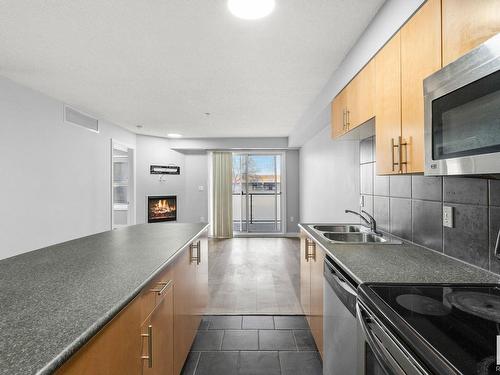 113 10118 106 Avenue Nw, Edmonton, AB - Indoor Photo Showing Kitchen With Fireplace With Double Sink