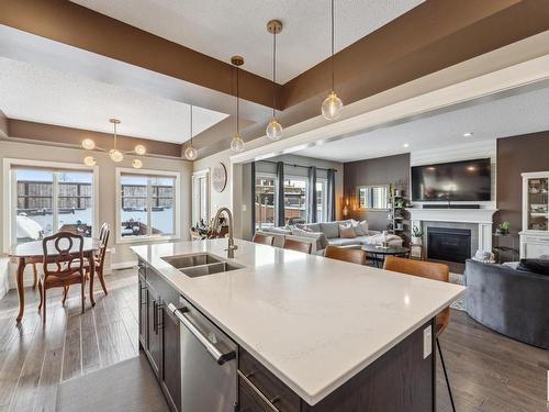 105 Summerstone Lane, Sherwood Park, AB - Indoor Photo Showing Kitchen With Fireplace With Double Sink