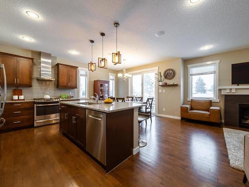 93 Sheppard Way, Leduc, AB - Indoor Photo Showing Kitchen With Fireplace With Stainless Steel Kitchen With Upgraded Kitchen