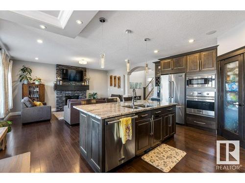 535 Albany Way, Edmonton, AB - Indoor Photo Showing Kitchen With Fireplace With Double Sink With Upgraded Kitchen