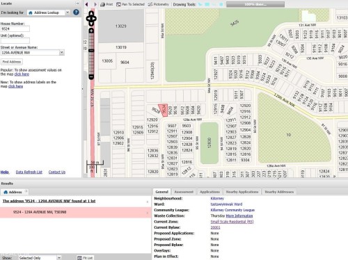 Interactive Map Interface. Displaying address lookup results and property data for the specified address - 9524 129A Avenue, Edmonton, AB - Other