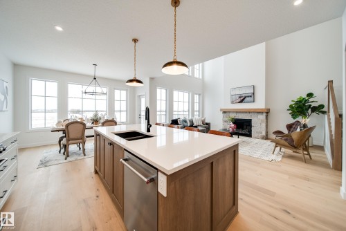 96 Chelles Wynd, St. Albert, AB - Indoor Photo Showing Kitchen With Fireplace With Double Sink With Upgraded Kitchen