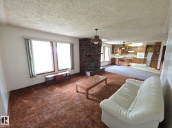 Living room with carpet, a fireplace, a textured ceiling, and a ceiling fan - 