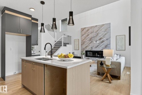 341 Roberts Wynd, Leduc, AB - Indoor Photo Showing Kitchen With Fireplace With Double Sink