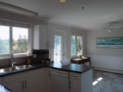 Kitchen featuring dark countertops, dishwasher, a peninsula, white cabinets, and crown molding - 