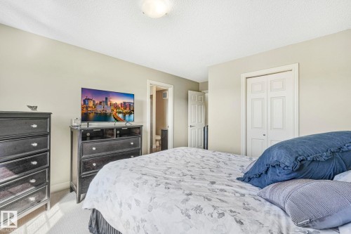 Bedroom featuring light colored carpet, a textured ceiling, and a closet - 6819 Cardinal Link, Edmonton, AB - Indoor Photo Showing Bedroom