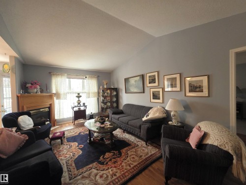 208 Ravine Villa(S), Leduc, AB - Indoor Photo Showing Living Room With Fireplace