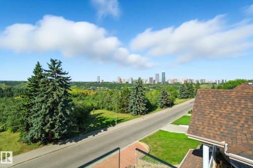 View of asphalt road with a skyline view, street lighting, and view of wooded area - 11823 Saskatchewan Drive, Edmonton, AB - Outdoor With View