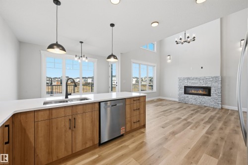 19034 20A Ave, Edmonton, AB - Indoor Photo Showing Kitchen With Fireplace With Double Sink With Upgraded Kitchen