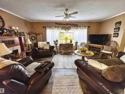 Living area featuring ornamental molding, a textured ceiling, a fireplace, ceiling fan, and wood finished floors - 