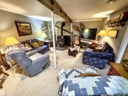 Living area with a wood stove, a drop ceiling, and carpet flooring - 