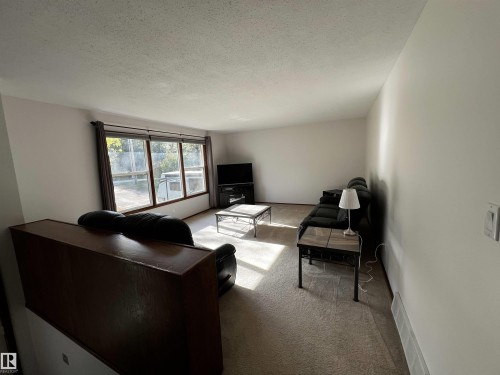 Living room featuring a textured ceiling and carpet flooring - 74038 Birch Avenue, Widewater, AB - Indoor