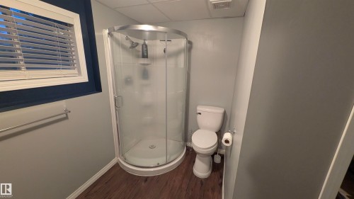 Full bath with a paneled ceiling, a shower stall, and dark wood-style floors - 74038 Birch Avenue, Widewater, AB - Indoor Photo Showing Bathroom