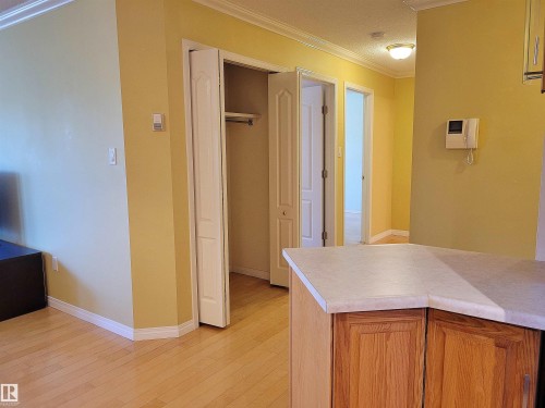 Kitchen with ornamental molding, light wood-style flooring, light countertops, and oak cabinetry - 404 13450 114 Avenue, Edmonton, AB - Indoor