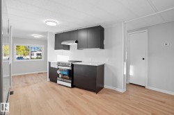 Kitchen with stainless steel appliances, light countertops, light wood finished floors, extractor fan, and modern cabinets - 