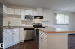 Kitchen featuring stainless steel appliances, dark wood-type flooring, and white cabinetry - 