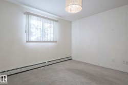 Spare room with a baseboard radiator, carpet, and a chandelier - 