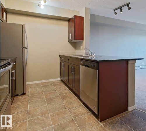 Kitchen featuring track lighting, stainless steel appliances, a peninsula, a textured ceiling, and a baseboard heating unit - 404 5370 Chappelle Road, Edmonton, AB - Indoor Photo Showing Kitchen