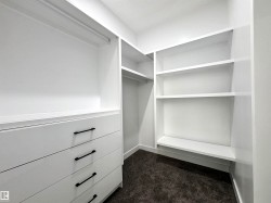 Walk in closet featuring dark colored carpet - 