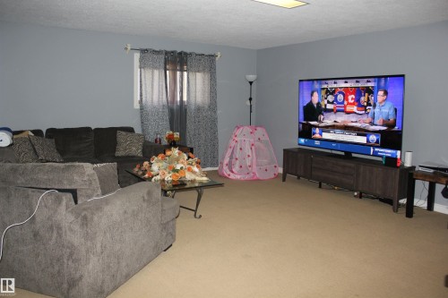 Carpeted living room with a textured ceiling and baseboards - 5221 54A Street, Elk Point, AB - Indoor