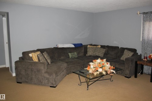 Living area with carpet floors and a textured ceiling - 5221 54A Street, Elk Point, AB - Indoor Photo Showing Living Room