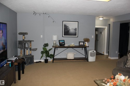 Living area featuring light carpet and a textured ceiling - 5221 54A Street, Elk Point, AB - Indoor