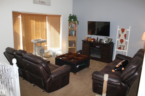 Living room featuring a fireplace and carpet - 5221 54A Street, Elk Point, AB - Indoor Photo Showing Living Room