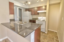 Kitchen featuring white appliances, a peninsula, dark stone countertops, and under cabinet range hood - 