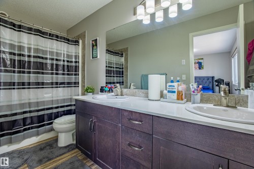 Bathroom featuring double vanity, a textured ceiling, and a shower with curtain - 2407 Casey Link, Edmonton, AB - Indoor Photo Showing Bathroom