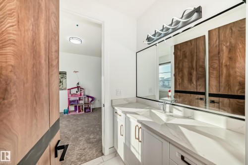 Bathroom with vanity, light carpet, and light tile patterned floors - 42 Elwyck Gate, Spruce Grove, AB - Indoor Photo Showing Other Room