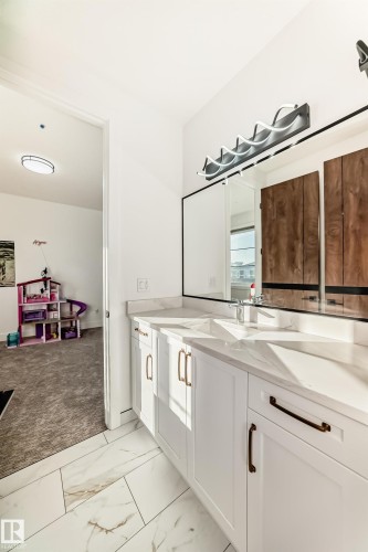 Bathroom with vanity, light marble finish flooring, and light colored carpet - 42 Elwyck Gate, Spruce Grove, AB - Indoor