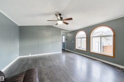 Unfurnished living room with wood finished floors, lofted ceiling, a textured ceiling, ceiling fan, and ornamental molding - 