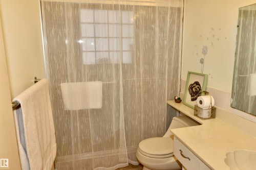 Bathroom with vanity and a shower with shower curtain - 13910 101A Avenue, Edmonton, AB - Indoor Photo Showing Bathroom