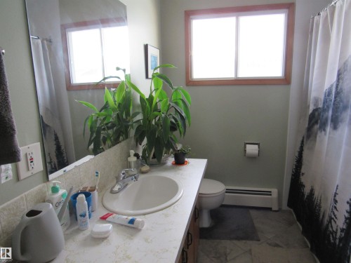 Full bath with baseboard heating, vanity, and tasteful backsplash - 5016 51 Street, Barrhead, AB - Indoor Photo Showing Bathroom