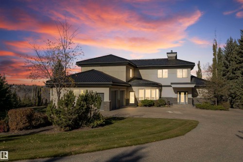 View of front of property with stone siding, stucco siding, driveway, and a chimney - 19103 Ellerslie Road Sw, Edmonton, AB - Outdoor