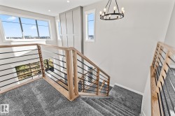 Stairs featuring carpet and a chandelier - 