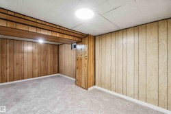 Finished basement with carpet and wooden walls - 