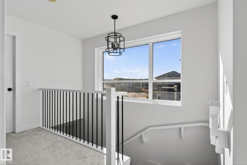 Staircase featuring carpet flooring and a chandelier - 382 Crystallina Nera Drive, Edmonton, AB - Indoor Photo Showing Other Room