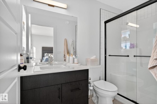 Full bathroom featuring vanity and a stall shower - 382 Crystallina Nera Drive, Edmonton, AB - Indoor Photo Showing Bathroom