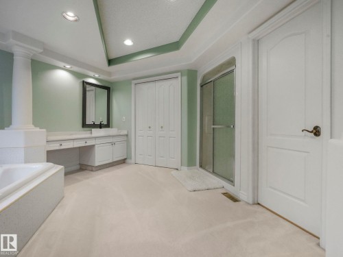 Full bathroom with light colored carpet, a raised ceiling, vanity, recessed lighting, and a stall shower - 316 Burton Road, Edmonton, AB - Indoor Photo Showing Bathroom