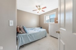 Bedroom featuring carpet, ceiling fan, and a textured ceiling - 
