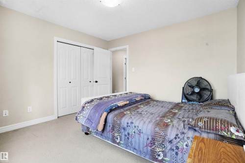 Bedroom featuring carpet, a textured ceiling, and a closet - 1442 33A Street Nw, Edmonton, AB - Indoor Photo Showing Bedroom