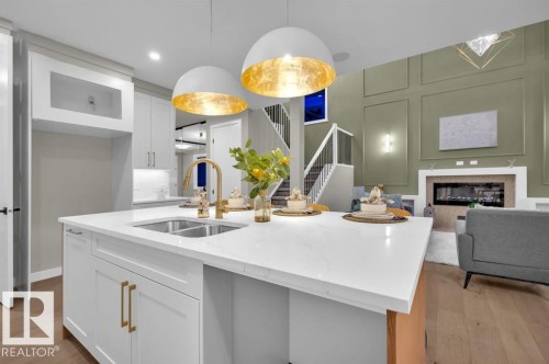 1127 Gyrfalcon Crescent, Edmonton, AB - Indoor Photo Showing Kitchen With Fireplace With Double Sink