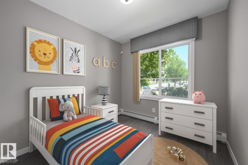 Virtually staged second bedroom - 108 812 Welsh Drive, Edmonton, AB - Indoor Photo Showing Bedroom