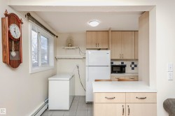 Kitchen with light brown cabinets, freestanding refrigerator, light countertops, and tasteful backsplash - 