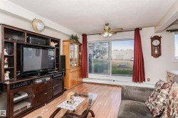 Living area with a textured ceiling, light wood-type flooring, ceiling fan, and a baseboard radiator - 