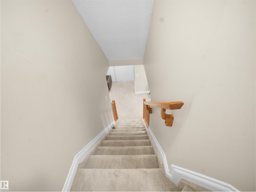 Stairway with carpet floors and a textured ceiling - 94 Dechene Road, Edmonton, AB - Indoor Photo Showing Other Room