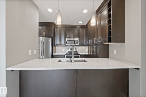 213 11080 Ellerslie Road, Edmonton, AB - Indoor Photo Showing Kitchen With Double Sink With Upgraded Kitchen