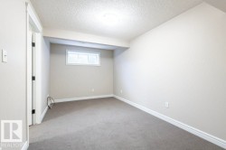 Basement with light colored carpet and a textured ceiling - 