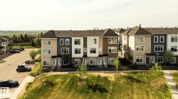 Modern townhome exterior featuring multi-toned siding, pitched shingle roofing, and multiple windows - 